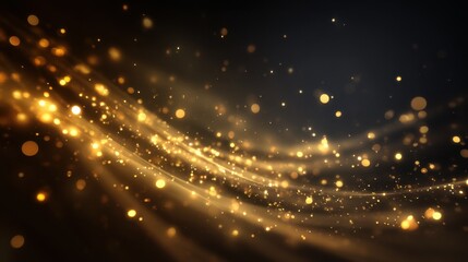 Magical golden light effect with bokeh and flying dust on a black background, glowing warmly like festive Christmas lights.