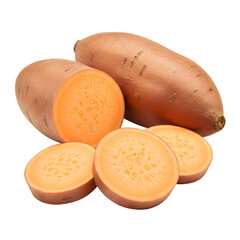 Fresh, raw sweet potato slices, showing vibrant orange color and clean texture. Isolated on a white background in PNG format, perfect for healthy food, diet, and cooking concepts.