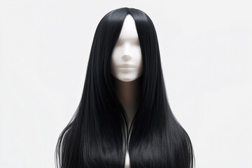 Long straight black wig on mannequin head, smooth texture, isolated on white background