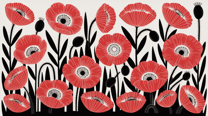Scandinavian Folk Art Floral Pattern with Red Poppies and Black Botanical Silhouettes.