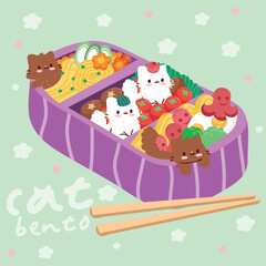Adorable cat-shaped rice balls fill this colorful kawaii bento box, blending cute charm with tasty Japanese food art.