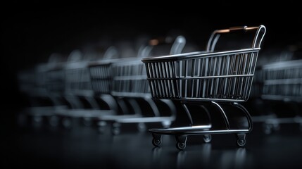 line of black metal shopping carts,