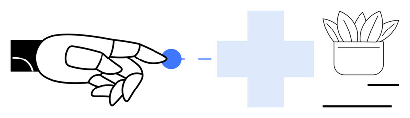 Fototapeta premium Hand reaching for small blue circle, large plus sign, and potted succulent. Ideal for innovation, technology, health, growth, minimalism balance design thinking. Simple flat metaphor