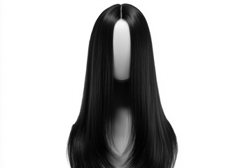Long straight black wig on mannequin head, smooth texture, isolated on white background