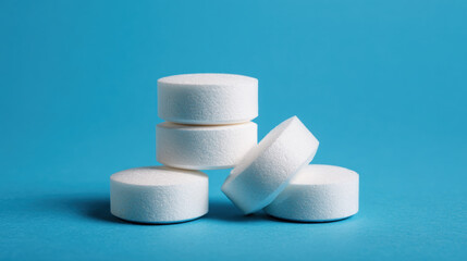 White tablets stacked in small pile, minimal pharmaceutical composition