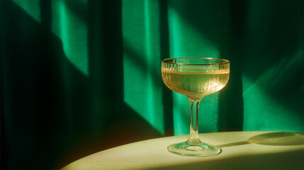 Elegant champagne glass with sparkling wine on table against green velvet curtain, luxury festive background for New Year, wedding, party invitations, posters, and holiday marketing