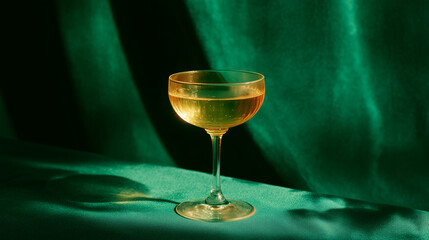 Elegant champagne glass with sparkling wine on table against green velvet curtain, luxury festive background for New Year, wedding, party invitations, posters, and holiday marketing