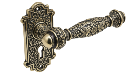 A vintage bronze door handle with keyhole isolated on white background cutout transparent png