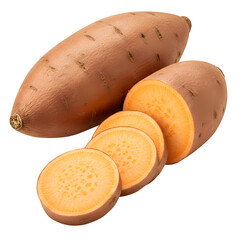 Fresh, raw sweet potato slices, showing vibrant orange color and clean texture. Isolated on a white background in PNG format, perfect for healthy food, diet, and cooking concepts.