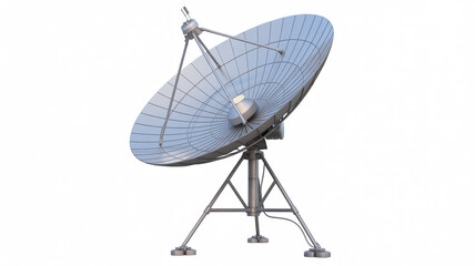A detailed photograph of a large silver satellite dish antenna against a white background.