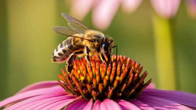 Abeille butinant une fleur au soleil