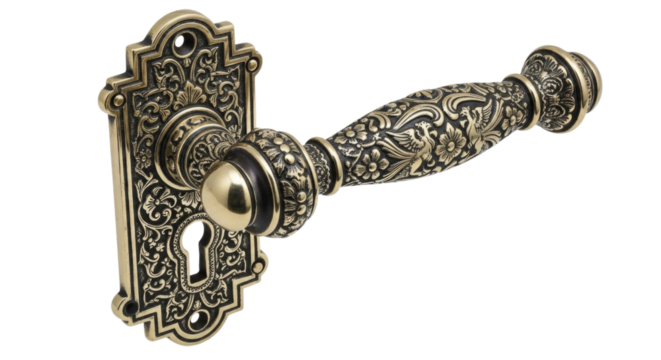 A vintage bronze door handle with keyhole isolated on white background cutout transparent png