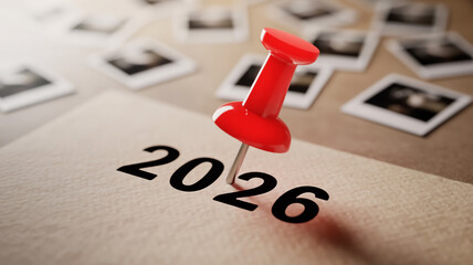A close-up macro photograph of a bright red pushpin marking the year 2026 on a textured beige paper surface.