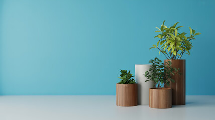 A minimalist product photography setup featuring three cylindrical wooden planters of varying heights arranged in ascending order from left to right on a light gray surface.
