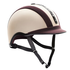 Fototapeta premium Cream and burgundy riding helmet with centered racing stripe. 