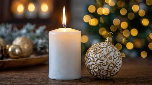 A beautifully arranged scene featuring a glowing candle and an ornate ornament beside it, capturing the warmth and sparkle of a cozy festive atmosphere.