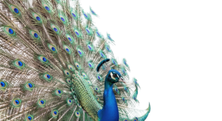 A majestic peacock with fanned feathers isolated on white background cutout transparent png