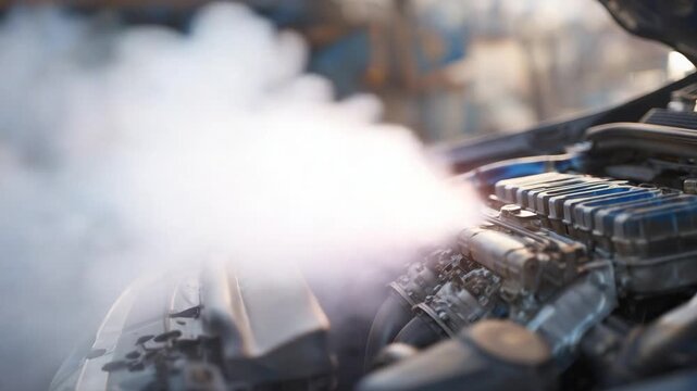 Close-up of an overheating engine with smoke and steam, emphasizing urgent vehicle maintenance needs.