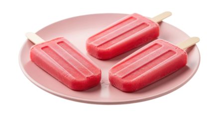 Three red fruity popsicles on a pink plate isolated on white background cutout transparent png