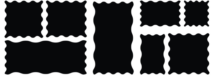 Whimsical Coquette wavy edge stickers rectangle, oval and circle shapes. Vector jagged geometric designs. Abstract Rectangle, square frames with wiggly borders. Rectangle shape frame with zigzag edge