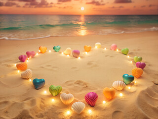 Hearts and Lights on a Serene Sunset Beach
