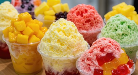 Colorful shaved ice desserts for a refreshing summer treat, perfect for food blogs and promotions, showcasing vibrant flavors and inviting presentation for hot days