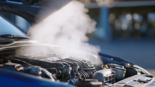 "Discover solutions for engine overheating with visible steam and stressed components in your vehicle."