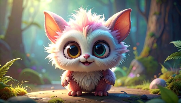 A cartoon creature with big eyes and fluffy fur stands in a sunlit forest clearing, smiling gently at the viewer