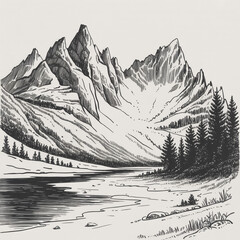 Realistic black-and-white ink sketch of majestic snow mountains, jagged peaks, reflective lake, rocky shore, dense pine forest, detailed linework, serene natural landscape, high contrast.