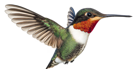 Ruby throated hummingbird in flight showcasing iridescent green plumage white breast and red gorget