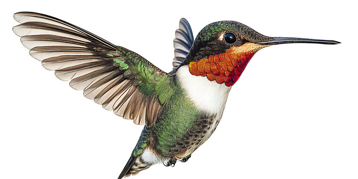Ruby throated hummingbird in flight showcasing iridescent green plumage white breast and red gorget