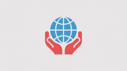 A minimalist logo design featuring two red hands cupping a light blue globe icon.