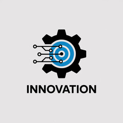 A modern technology logo design featuring a black gear icon with a stylized blue and white circular target symbol integrated into its right side.