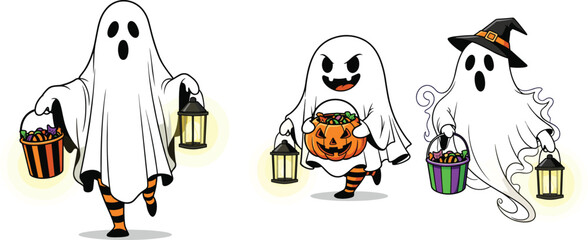Halloween cute ghost characters with candy buckets, trick or treat kids, spooky fun cartoon scene, festive night design, vector illustration