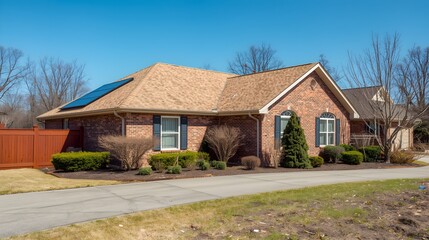 Fototapeta premium Charming brick ranch style house with a tan shingle roof and manicured landscaping under a clear blue sky on a sunny day