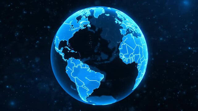 Digital globe rotating with glowing blue map of continents. Futuristic technology and global data network concept. Animated world in space