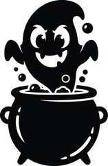 Halloween ghost in cauldron, spooky cartoon ghost silhouette with boiling potion, scary witchcraft horror concept design, vector illustration