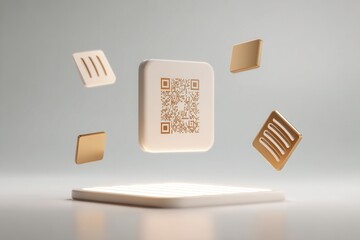 Golden floating QR code on clean background representing digital payments, modern technology, and secure transactions