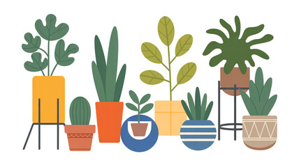 A flat, minimalist illustration of seven houseplants arranged in a casual composition against a white background.
