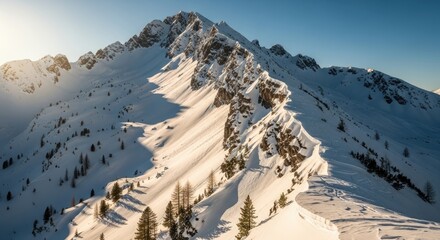 Snow-covered mountain ridge under a clear blue sky, winter landscape.