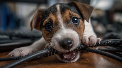 The dog biting the cables