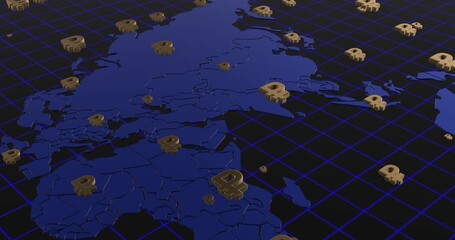 golden ruble signs falling and spreading across global map 4k animation - Powered by Adobe