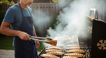 Man grilling sausages on a barbecue in the backyard.
