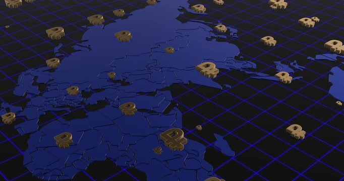 golden ruble signs falling and spreading across global map 4k animation - Powered by Adobe