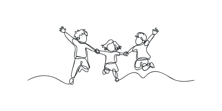 Three children holding hands and jumping joyfully
