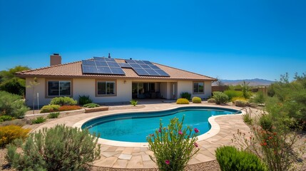Fototapeta premium Luxurious desert home with a sparkling swimming pool and solar panels on the roof under a clear blue sky