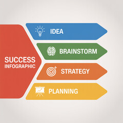 A professional business infographic diagram with a white background. The design features a series of connected arrow-shaped elements in different colors moving from left to right.
