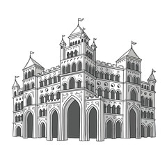 Elaborate medieval castle isolated on white background