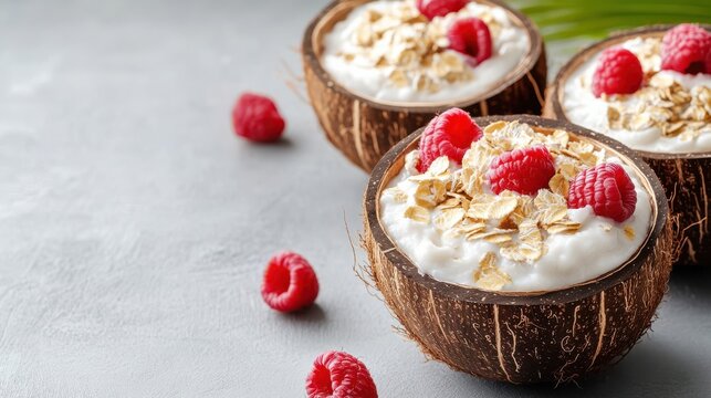 Healthy Breakfast Bowls with Oatmeal, Yogurt, and Raspberries in Coconut Shells, Tropical Food, Diet, Healthy Eating, Wellness, Exotic