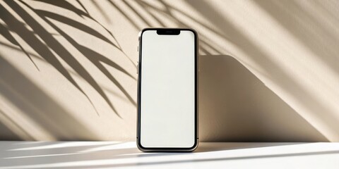 New Year Reset & Minimal Tech Lifestyle concept. A smartphone with a blank screen casts shadows against a textured wall with plant leaves.